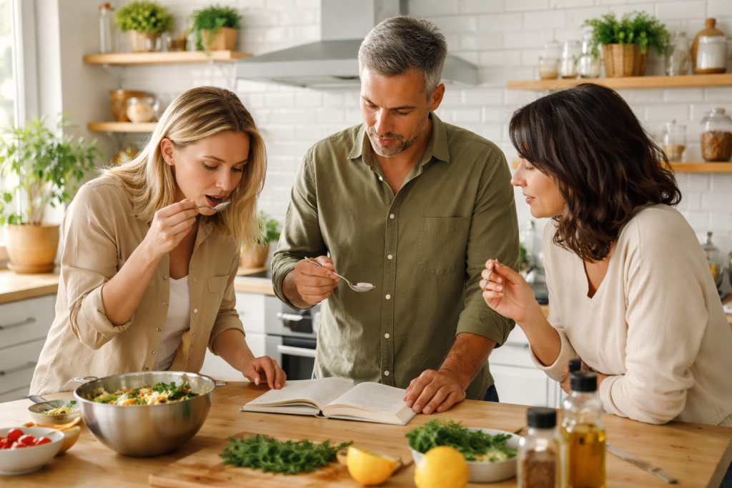 [light] Candid billede af et lille hold/hjemmekokke i et køkkenmiljø, der tester opskrifter og taler om fremgangsmåde—bruges på ‘Om’ til at vise kultur og nærvær.