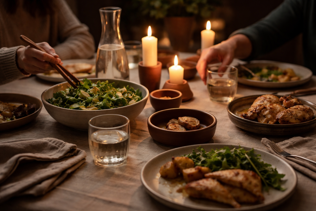 [dark] Lifestyle-atmosfære: et dækket bord med enkel nordisk servering og stearinlys/varmt aftenlys—viser glæden ved at dele god mad og gæstemad-stemning.