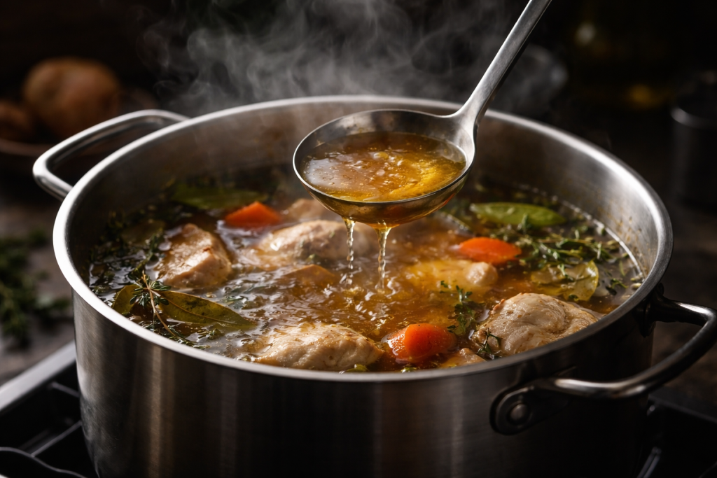 [dark] Standard blogheader: et appetitligt, men ikke for ‘færdigt’ billede af en gryde/ret i tilberedning med damp og bevægelse—kan bruges på tværs af artikler.