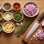 [light] Servicebillede til ‘madlavningsteknikker’: tæt miljøshot af mise en place med små skåle, kniv, grøntsager og tidslinje-agtig orden—bruges i servicekort/sektion.