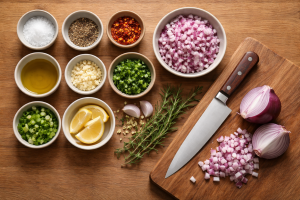 [light] Servicebillede til ‘madlavningsteknikker’: tæt miljøshot af mise en place med små skåle, kniv, grøntsager og tidslinje-agtig orden—bruges i servicekort/sektion.