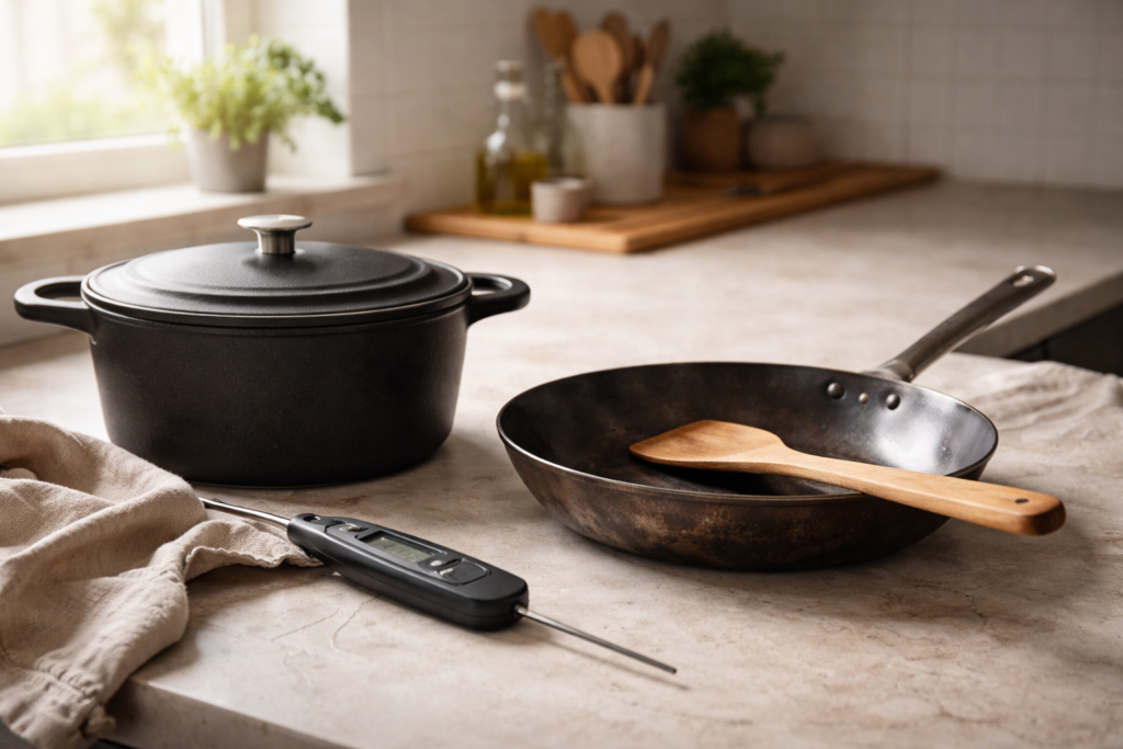 [light] Servicebillede til ‘køkkenudstyr guide’: et roligt, moderne setup med udvalgte redskaber (gryde, pande, termometer) på køkkenbord—viser udstyr uden at virke reklametungt.