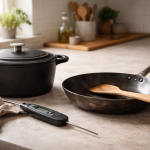 [light] Servicebillede til ‘køkkenudstyr guide’: et roligt, moderne setup med udvalgte redskaber (gryde, pande, termometer) på køkkenbord—viser udstyr uden at virke reklametungt.