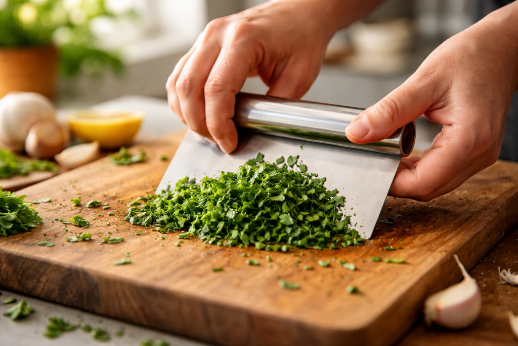 [light] Servicebillede til ‘køkkenfifs’: en hånd der hurtigt demonstrerer et trick (fx skrælle hvidløg, hakke urter, eller bruge skraber)—perfekt til tips/quick reads.