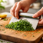 [light] Servicebillede til ‘køkkenfifs’: en hånd der hurtigt demonstrerer et trick (fx skrælle hvidløg, hakke urter, eller bruge skraber)—perfekt til tips/quick reads.