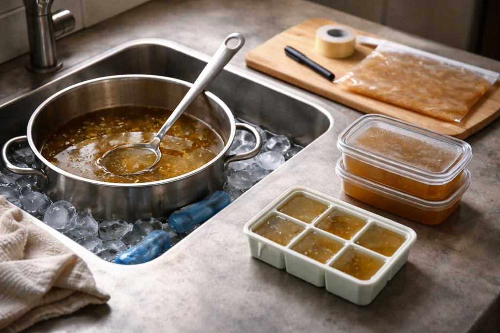 Frys din bouillon med ro i maven: mit lille system til nedkøling, portioner og holdbarhed