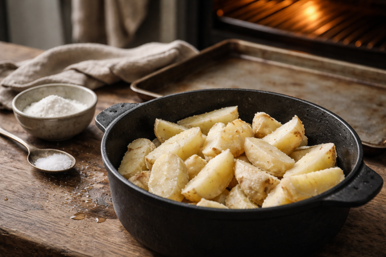 Min sprødheds-protokol til ovnkartofler: ru overflade, varm plade og et nip bagepulver