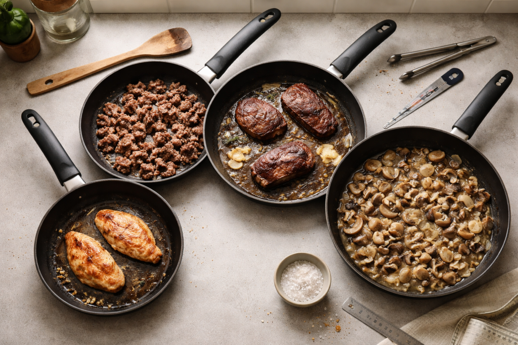 Den rigtige pande-størrelse: sådan undgår du damp, trist stegeskorpe og halve portioner