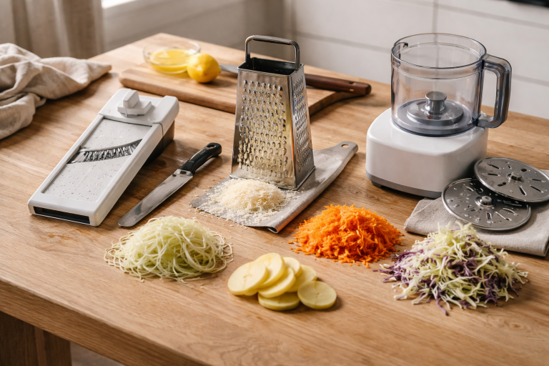 Skiver, strimler eller fnug: sådan vælger du mellem mandolin, rivejern og foodprocessor